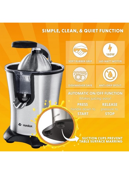 Eurolux ELCJ-1600 Electric Citrus Juicer Powerful Electric Oranges Juicer and for Lemons with New and Improved Juicing Technology Stainless Steel Orange Juicer with Soft Grip Handle and Cone Lid B01CRAPTSI