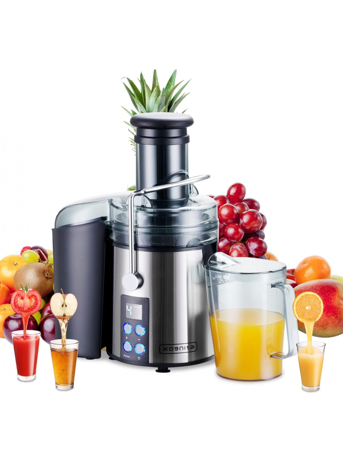 Juicer Machines Kognita LCD Monitor 1100W Centrifugal Juicer with 3'' Big Mouth Feed Chute Anti-drip Tainless-steel Filter Easy Clean Included Brush B09FPL1GD4