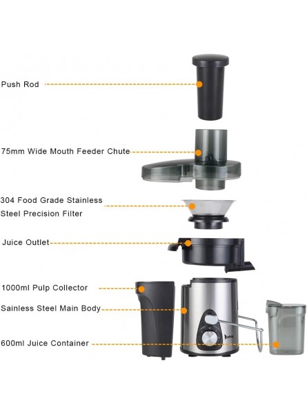 ZOKOP American Standard J02 110V 600W 75MM Large Caliber 600ML Juice Cup 1000ML Slag Cup Double Gear Electric Juicer Stainless Steel Black B08DLBMRSQ