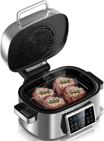 Grill and Air Fryer Combo CATTLEMAN CUISINE 10-in-1 Indoor Electric Grill Stainless Steel Air Fryer Grill with Air Grill Air Fryer Roast Bake Dehydrate Beef & Fries 6.5QT Silver B09DNZD9J8