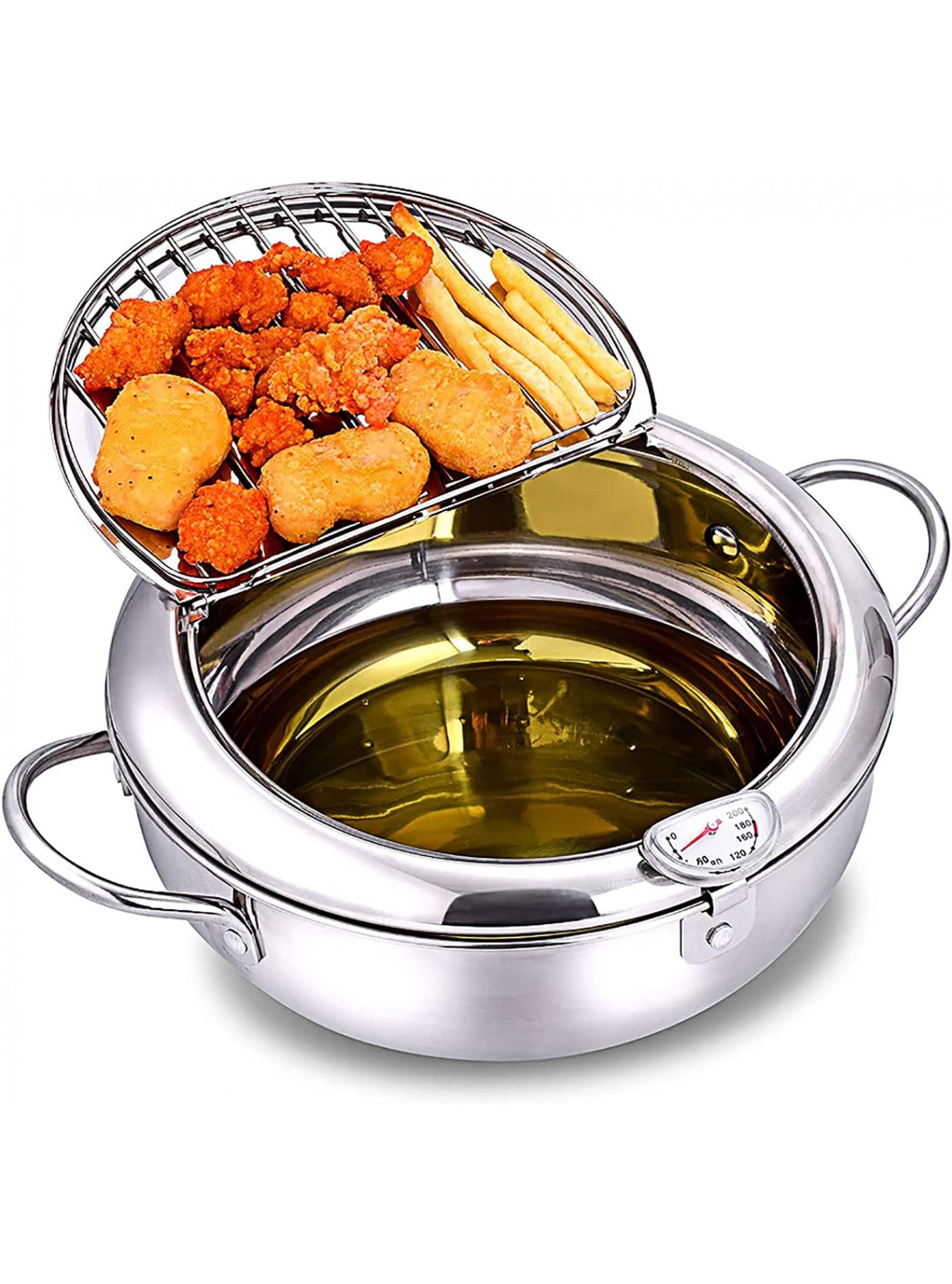 KIDYBELL Deep Fryer Pan 304 Stainless Steel Tempura Frying Pot Japanese Style Fryer With Thermometer，Lid and Oil Drip Rack24cm 9.4inch B08SQKKQRM