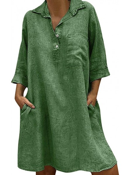 Sayhi™ Women's Cotton and Linen Pocket Button Lapels Dress Boho Solid 3 4 Sleeve Casual Mini Beach Dress B07RDW5HCY