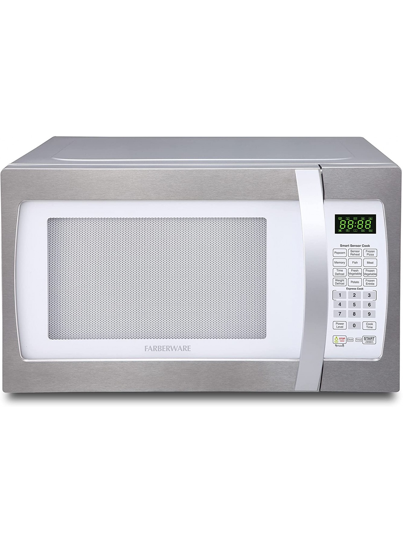 Farberware Countertop Microwave Oven 1.3 Cu. Ft. 1100-Watt with Smart Sensor Cooking ECO Mode and Green LED Lighting Child Lock Easy Clean Black Interior Retro White and Platinum B01MV0E7BR