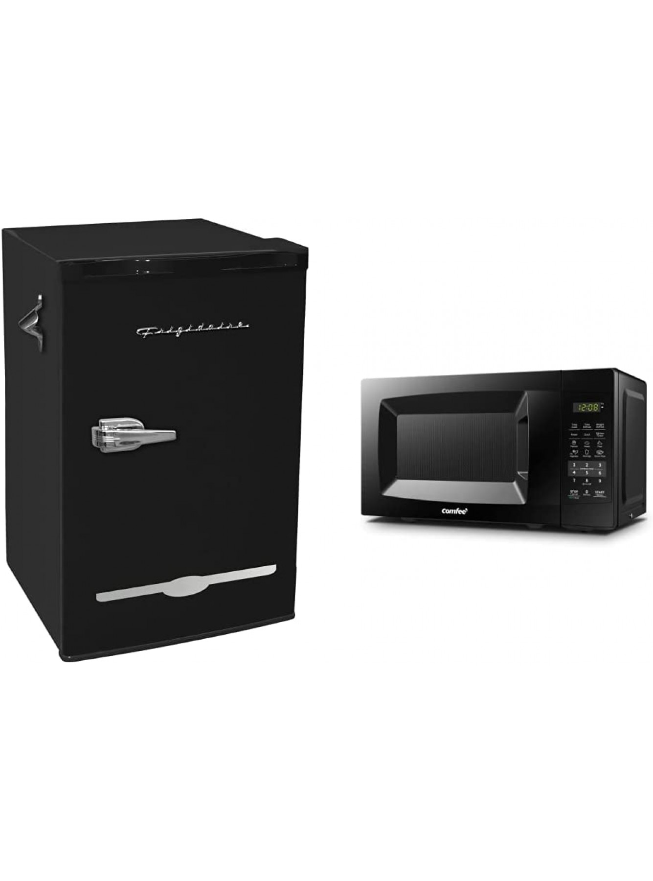 FRIGIDAIRE EFR376-BLACK 3.1 Cu Ft Black Retro Bar Fridge & COMFEE' EM720CPL-PMB Countertop Microwave Oven with Sound On Off ECO Mode and Easy One-Touch Buttons 0.7cu.ft 700W Black B0B4MRYRYJ