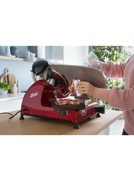 Berkel Red Line 250 Food Slicer Red 10 Blade Electric Food Slicer Slices Prosciutto Meat Cold Cuts Fish Ham Cheese Bread Fruit and Veggies has an Adjustable Thickness Dial B01MXMV9RS
