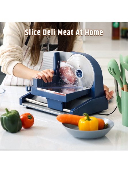 Razorri Electric Food Slicer Meat & Deli Food Slice 2 Shapes Stainless Steel Blades Adjustable Thickness Cuts Fruit & Vegetables Bread and Cheese Home Use Suction Base 200W Navy Blue B09DS9Y4DD