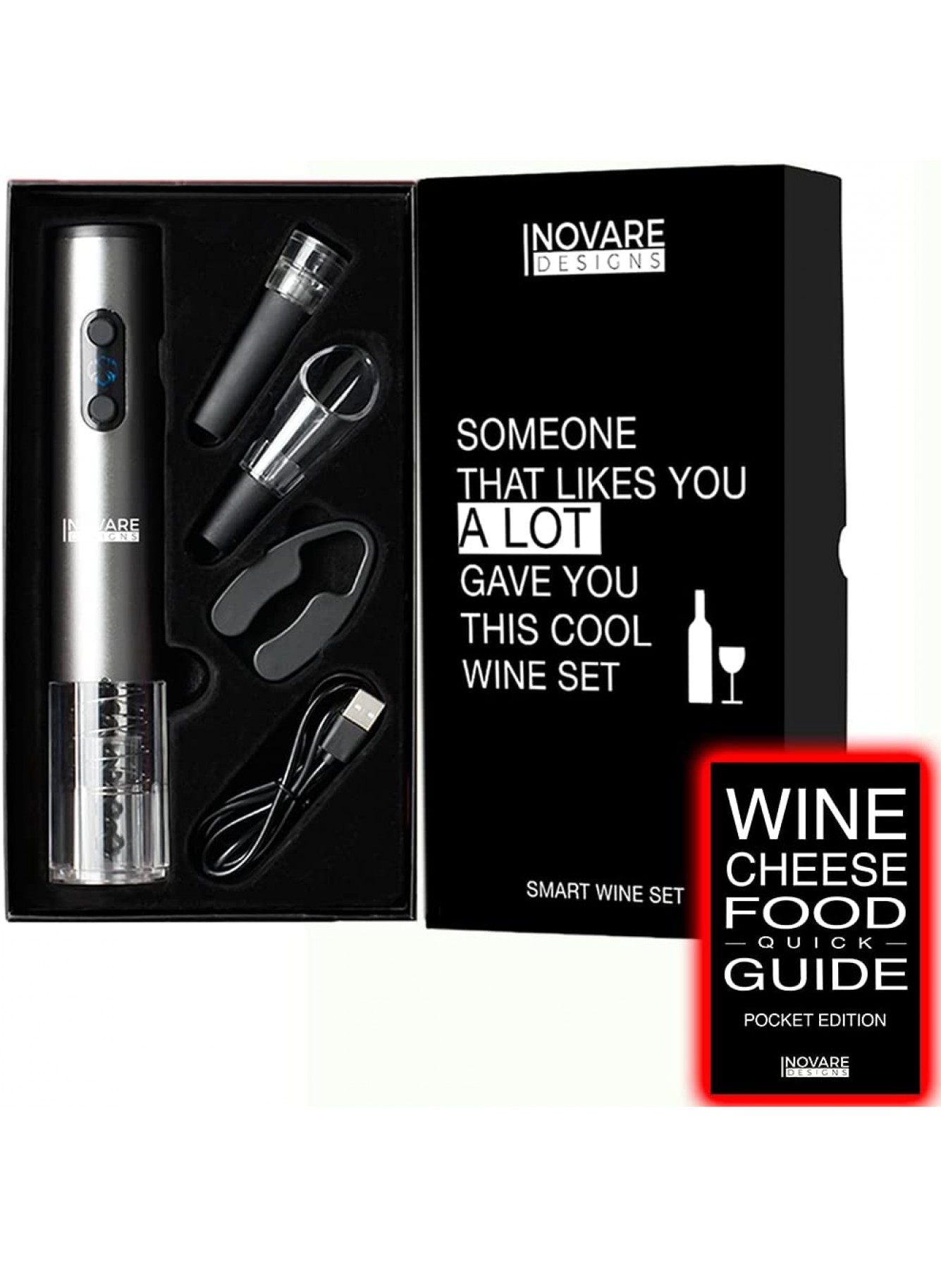 Gift for Wine Lover Unique Wine Pairing Guide Rechargeable Electric Opener Automatic Electronic Bottle Set Tasting Kit Accessories Stopper Aerator Pourer Vacuum Preserver Foil Cutter B08BKZHJGZ