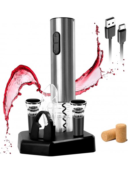 Wine Gift-Rocyis Electric Wine Opener Set with Charging Base-Automatic Wine Bottle Opener Kit with Type-C USB Foil Cutter Aerator Pourer Vacuum Stoppers-Gift for Wine Lover 6 piece B09TNG2625