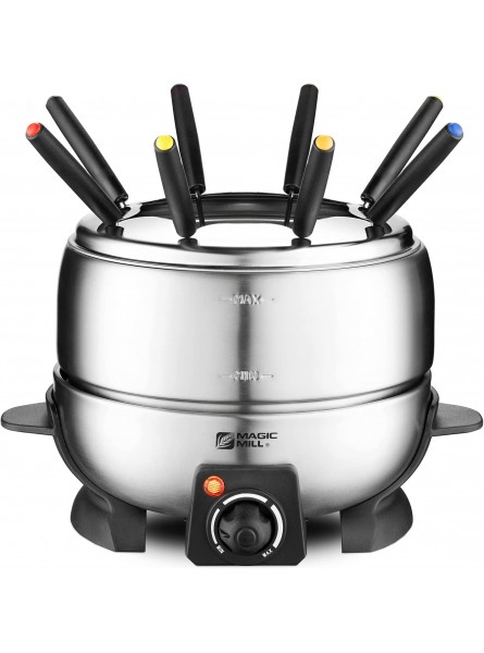 Magic Mill Electric Fondue Pot Set with Temperature Control Knob 64oz Stainless Steel Set MFM-600 8 Colored-Tip Forks 64oz Stainless Steel Bowl With 800 Watts of Power & Over-Heat Protection B0914LPS8Q