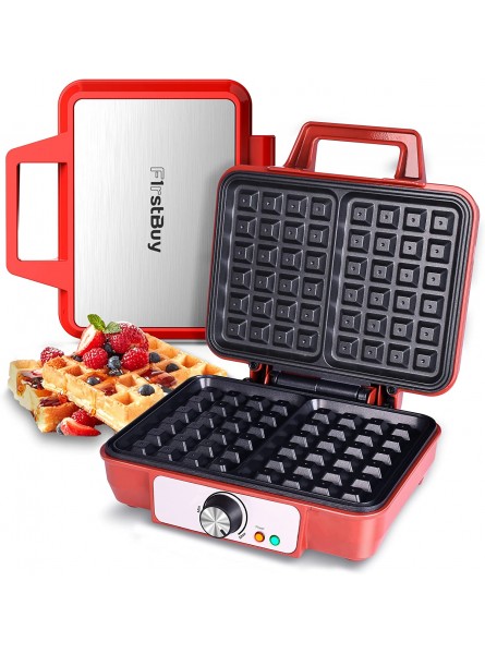 FirstBuy Belgian Waffle Maker 1080W Small Waffle Iron with Adjustable Temperature Control Knob 2 Slices Square Non-Stick Waffle Machine with Cool-touch Handle and Indicator Lights for Children Red B09BD1VT6T