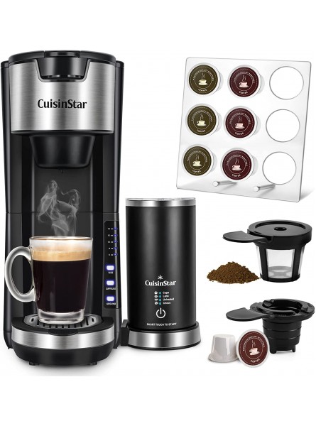 CuisinStar Coffee Maker With Milk Frother 2 In 1 Single Serve Coffee Machine for K Cup Pod and Ground Coffee Fast Single Cup Latte Cappuccino Coffee Brewer Portable Coffee Makers with Coffee Pod Holder Organizer B09CT21J42