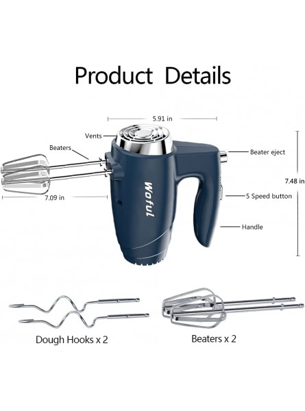 5-Speed 200W Electric Hand Mixer,with Eject Button,4 Stainless Steel AttachmentsBeaters and Dough Hooks,for Whipping Cake Cream,Dough,Cookies,Blue B0948TKJX8