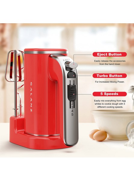 Galanz 5-Speed Lightweight Electric Hand Mixer with Dough Hooks Beaters & Storage Base + Simple Eject Button 5 Speeds + Turbo 150W Retro Red B09LCRJX6H