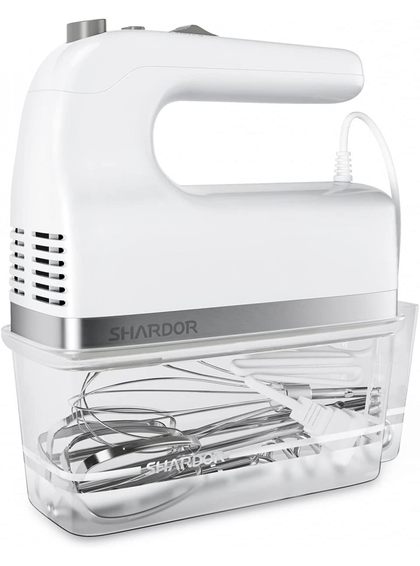SHARDOR Hand Mixer 350W Handheld Mixer with Storage Case 5-Speed Plus Turbo Hand Mixer Electric With 5 Stainless Steel Attachments2 Beaters 2 Dough Hooks and 1 Whisk White B082SKDF96