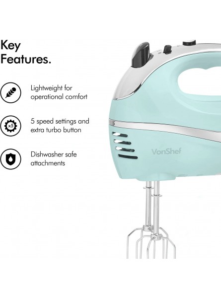 VonShef 5-Speed Hand Mixer Electric 250W Hand-held Mixer with Turbo Boost Button & Stainless Steel Accessories Chrome Beater Dough Hook & Balloon Whisk for Baking Cookies Brownies & Cakes Blue B0746MNGTC