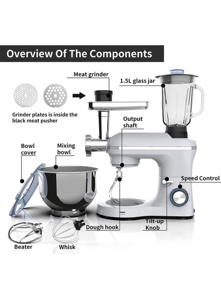 3 IN 1 Household Stand Mixers 850W Kitchen Food Standing Mixer 6 Speed & Pulse Kitchen Electric Mixer with 6.5 QT Stainless Steel Bowl Beater Hook Whisk Meat Grinder Juice Extracter White B09HKQLJS6