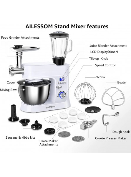 AILESSOM 8-IN-1 Electric Stand Mixer 800W 10-Speed With LCD Timer Attachments include 6.5QT Bowl Dough Hook Wire Whip Beater Blender Meat Grinder Pasta maker, Sausage Kits for Most Home Cooks B0991RN7JR