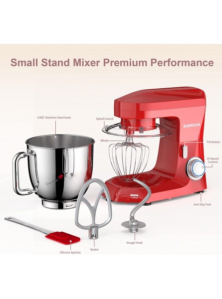 BABROUN Stand Mixer 500W 10+P Speed Compact Kitchen Electric Mixer with 4.8Qt Stainless Steel Mixing Bowl Food Mixers with Flat Beater Dough Hook Whisk for Baking Bread Cakes and Cookies Red B09JC2V43X