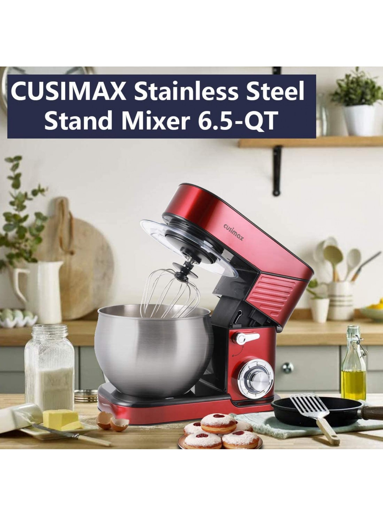 Stand Mixer, CUSIMAX 6.5QT Stainless Steel Mixer 6-Speeds Tilt-Head Dough  Mixers for Baking with Dough Hook, Wire Whisk & Flat Beater, Splash Guard