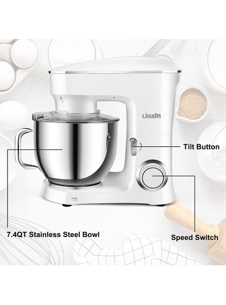 Likein Stand Mixer 7.4-QT 660W 6-Speed Tilt Head Kitchen Electric Food Mixer with Dough Hook Mixer Beater Wire Whisk Splash Guard White B0B1DK6R5Q
