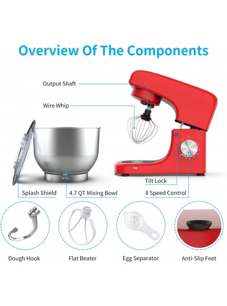Stand Mixer 4.7QT Stainless Steel Bowl & 8-Speed Tilt-Head Electric Food Mixer with Dough Hook Wire Whip & Beater Pouring Shield Red B09Q853QDX