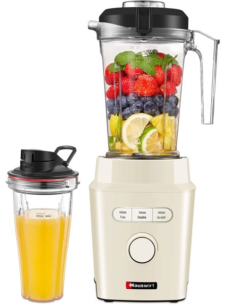 Hauswirt Smoothie Blender for Kitchen,1200W Professional Countertop Blender for Shakes and Smoothies 3 Presets with 15 Speeds for Ice Crushing and Frozen Fruit Drinks Tritan BPA-Free 51 Oz Jar 25 oz to-go Cup Easy Cleaning Detachable Blades Base Cream Whi