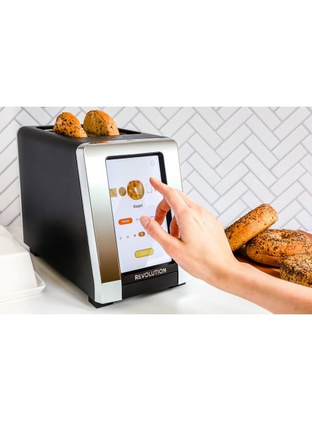 Revolution InstaGLO R180B – NEW. 2-Slice matte black chrome touchscreen toaster with high-speed smart settings for perfectly toasted breads. Plus now with PANINI MODE for use with Revolution Panini Press. Make crispy melty sandwiches and quesadillas in yo