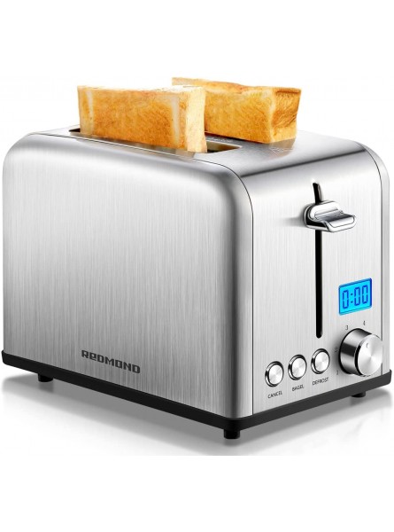 Toaster 2 Slice REDMOND Stainless Steel Toaster with LED Digital Countdown Timer Display 1.5" Wide Slot Toaster with Bagel Defrost Cancel Function 6 Shade Control Removable Crumb Tray Silver B09TSZS79R