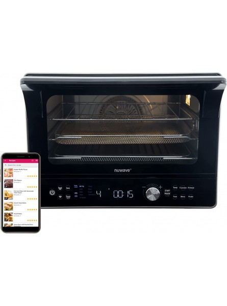 NUWAVE Bravo iQ360 Digital Smart Air Fryer Oven 20-in-1 Convection Infrared Grill Griddle Combo 34-Qt Jumbo Capacity Baking Pan & 100 Preset Recipes Included Black & Brushed Stainless Steel Look B0B25STXV2
