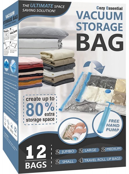 12 Pack Vacuum Storage Bags Space Saver Bags 2 Jumbo 2 Large 2 Medium 2 Small 4 Roll Compression Storage Bags for Comforters and Blankets Vacuum Sealer Bags for Clothes Storage Hand Pump Included B09CYNMNND