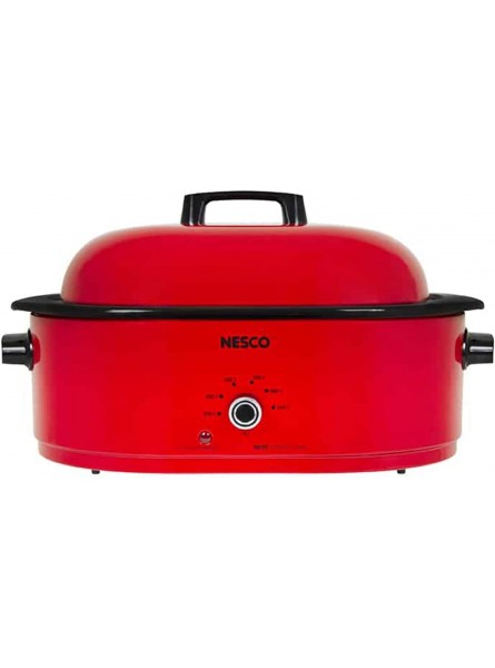 Nesco 18 Quart Stainless Steel Porcelain Oven Roaster Cookwell with Lid and Cooking Rack for Baking Booking Steaming Slow Cooking Chrome Red B08HP5G1YT