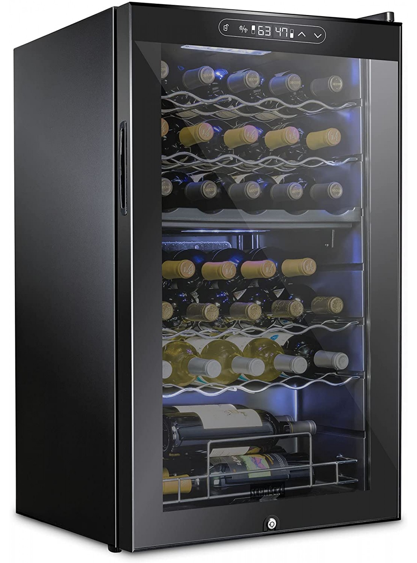 SCHMECKE 33 Bottle Dual Zone Wine Cooler Refrigerator w Lock | Large Freestanding Wine Cellar | 41f-64f Digital Temperature Control Wine Fridge For Red White Champagne or Sparkling Wine Black B08HMBCM4C