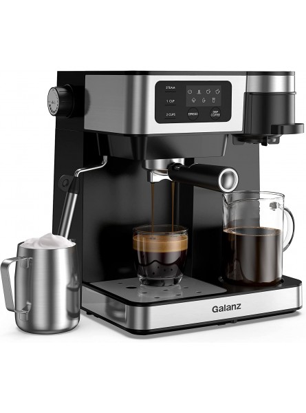Galanz 2-in-1 Pump Espresso Machine & Single Serve Coffee Maker with Milk Frother Latte & Cappuccino Machine 1.2L Removable Water Tank LED Display Touch Control Black with Stainless Steel Trim B09JS2HXMK