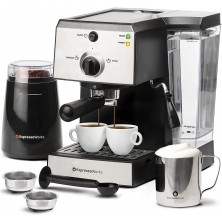 Espresso Machine & Cappuccino Maker with Milk Steamer- 7 pc All-In-One Barista Bundle Set w  Built-In Milk Frother Inc: Coffee Bean Grinder Milk Frothing Cup Spoon Tamper & 2 Cups Silver B01LWUI6B8