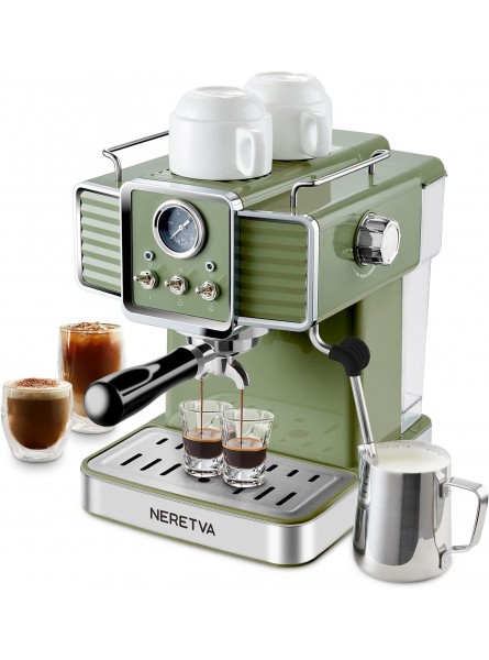 Neretva Espresso Coffee Machine 15 Bar Espresso Maker with Milk Frother Steam Wand Cappuccino Latte for Home Barista 1.6L Removable Water Tank Coffee Spoon Milk Frothing Pitcher Vintage Green B094R65RS6