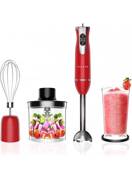 Galanz 4-in-1 Retro Immersion Hand Blender with Whisk & Chopper Attachments 2 Speeds with Turbo Setting Blending Beaker Included Stainless Steel 260W Retro Red B09KX73TGS