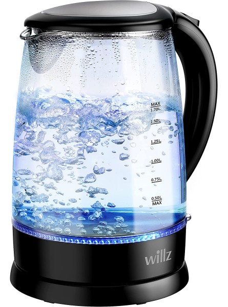 Willz Electric Glass Kettle with Heat Resistant Handle and Cordless Pour Quick Boil & Auto Shut-Off Technology Blue Boil Light 1.7L 1500 W Black B08WRCHN79