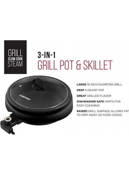 Chefman 3-In-1 Electric Indoor Grill Pot & Skillet Slow Cook Steam Simmer Stir Fry 10-Inch Nonstick Raised Line Griddle Pan Temperature Control Tempered Glass Lid 3-Quart Black-Round B0771Q85TV