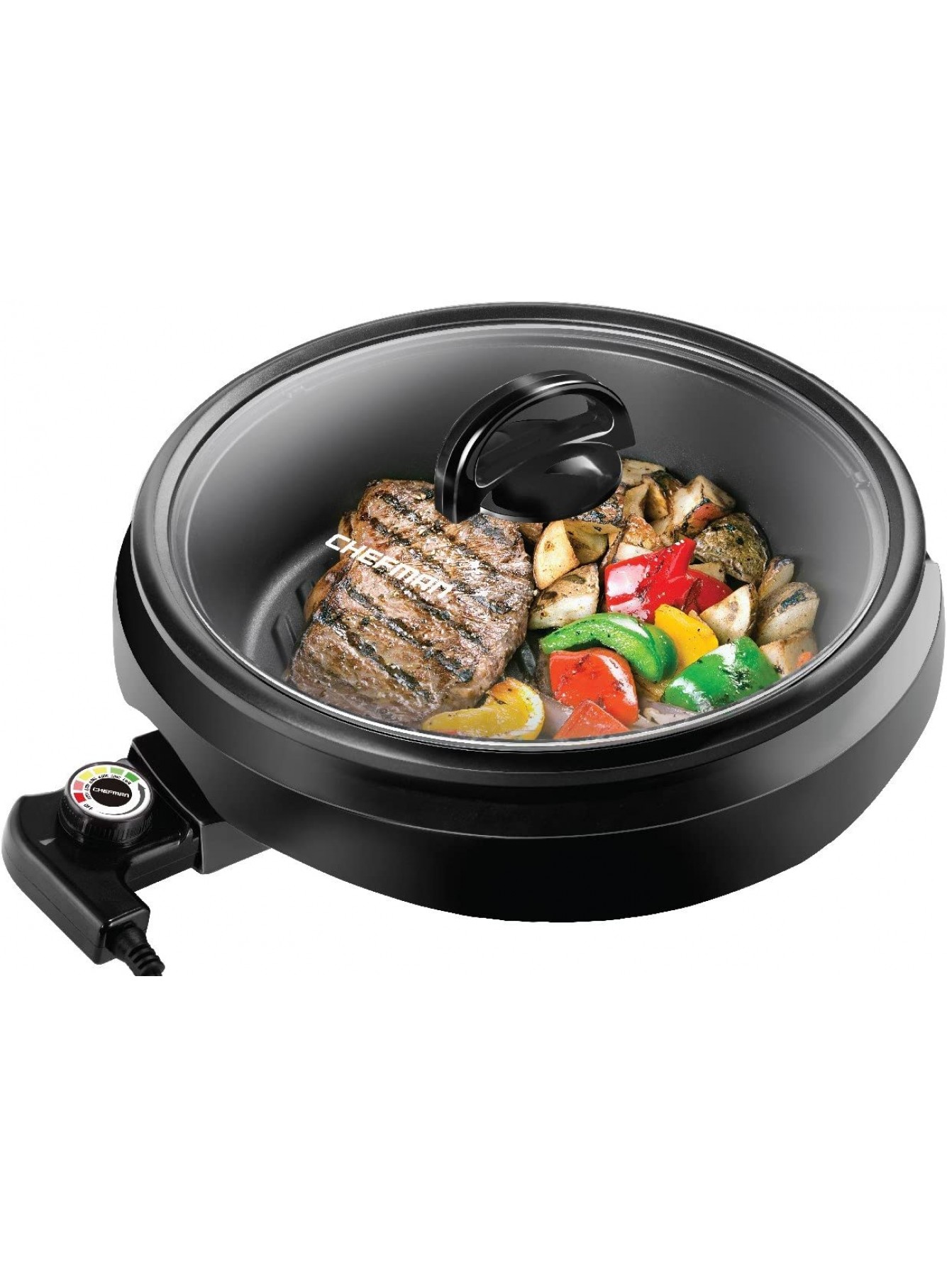 Chefman 3-In-1 Electric Indoor Grill Pot & Skillet Slow Cook Steam Simmer Stir Fry 10-Inch Nonstick Raised Line Griddle Pan Temperature Control Tempered Glass Lid 3-Quart Black-Round B0771Q85TV