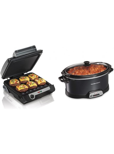 Hamilton Beach 4-in-1 Indoor Grill & Electric Griddle Combo with Bacon Cooker Black & Silver 25601 & Portable 7-Quart Programmable Slow Cooker With Lid Latch Strap for Easy Transport Black B09378BDGH