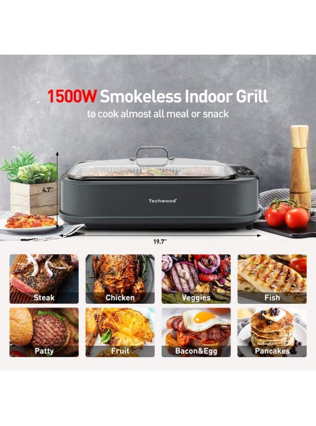 Indoor Smokeless Grill Techwood 1500W Electric Grill with Tempered Glass Lid Electric Portable Korean BBQ Grill Dual Removable Griddle & Grill Plates Dishwasher-Safe Gray B09T32YH2P