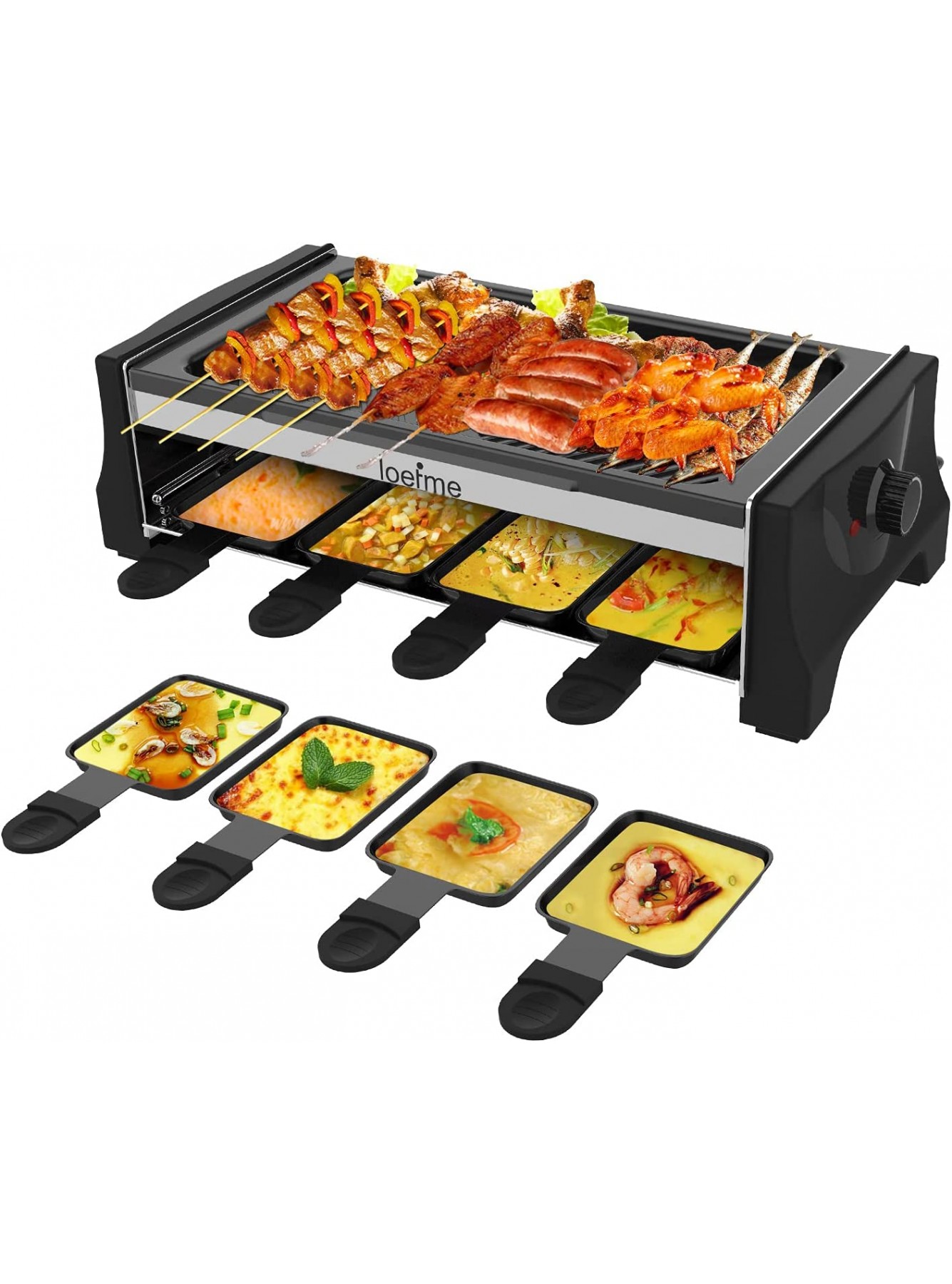 LOEFME Indoor Grill & Outdoor Electric Grills Nonstick Baking Pan Raclette Grill with Adjustable Temperature Control with 8 Mini Nonstick Pans Ideal for 2-8 People with BBQ Parties & Family Fun B08THMCTHQ