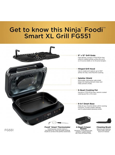 Ninja FG551 Foodi Smart XL 6-in-1 Indoor Grill with Air Fry Roast Bake Broil & Dehydrate Smart Thermometer Black Silver B089TQ82WT