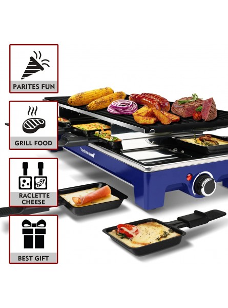 Raclette Table Grill Techwood Electric Indoor Grill Korean BBQ Grill Removable 2-in-1 Non-Stick Grill Plate 1500W Fast Heating with 8 Cheese Melt Pans Ideal for Parties and Family Fun Blue B0943XBF1K