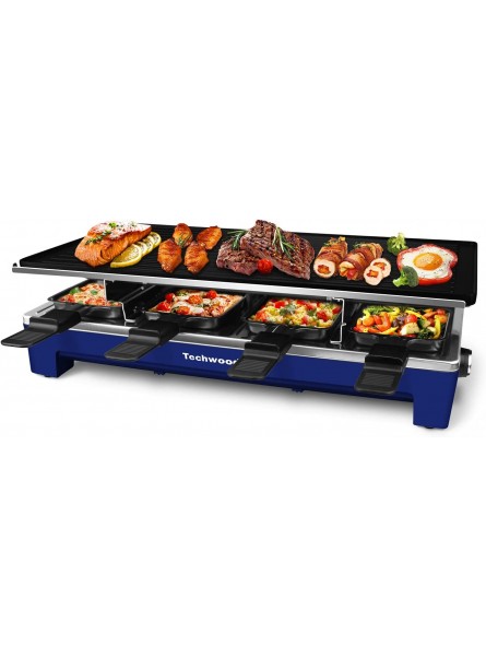 Raclette Table Grill Techwood Electric Indoor Grill Korean BBQ Grill Removable 2-in-1 Non-Stick Grill Plate 1500W Fast Heating with 8 Cheese Melt Pans Ideal for Parties and Family Fun Blue B0943XBF1K