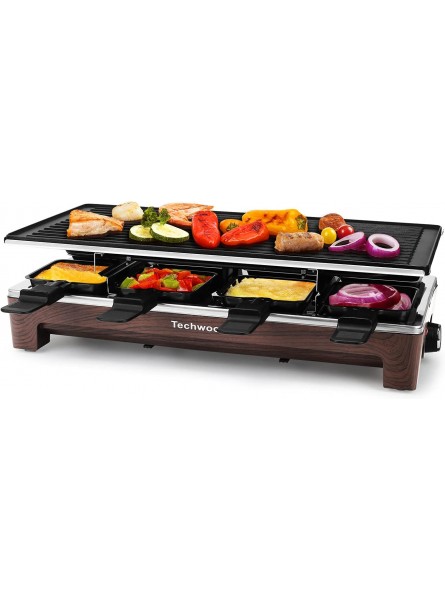 Raclette Table Grill Techwood Electric Indoor Grill Korean BBQ Grill Removable 2-in-1 Non-Stick Grill Plate 1500W Fast Heating with 8 Cheese Melt Pans Ideal for Parties and Family Fun Wood Grain B0946W47VS